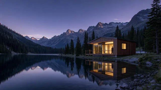 a small modular cabin reflected perfectly in an alpine lake during blue hour, cinematic wide composition, subtle human-scale activity, layered depth, physically coherent architecture and weather, rich but controlled reflections. Style and finish: photorealistic premium editorial photography with nat