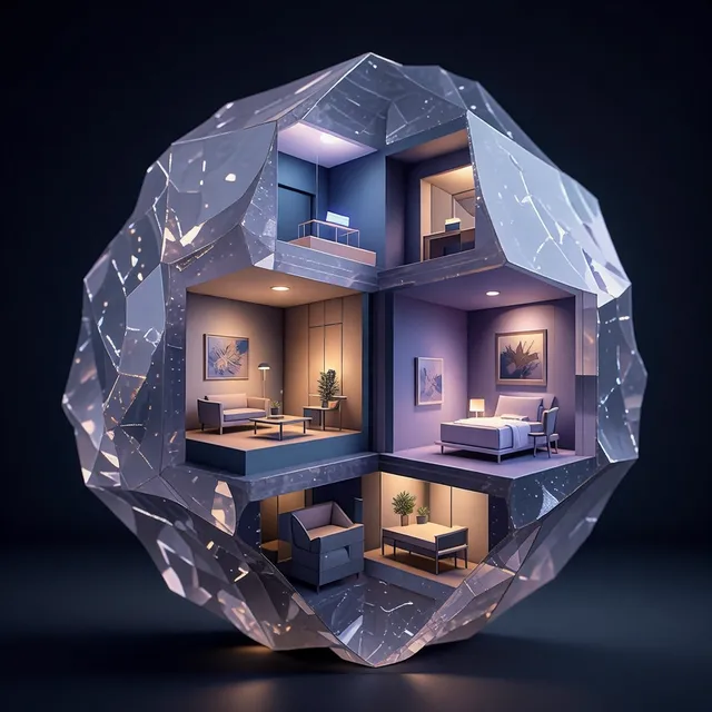 a collection of tiny modern rooms embedded inside a single translucent mineral, instantly readable visual hook, dreamlike but internally consistent scale, sophisticated museum-quality art direction, intricate details that reward a closer look. Style and finish: photorealistic premium editorial photo