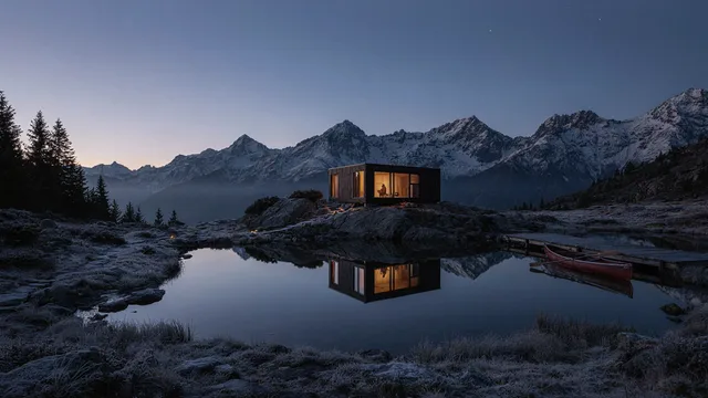 a small modular cabin reflected perfectly in an alpine lake during blue hour, cinematic wide composition, subtle human-scale activity, layered depth, physically coherent architecture and weather, rich but controlled reflections. Style and finish: polished contemporary editorial image-making with a c