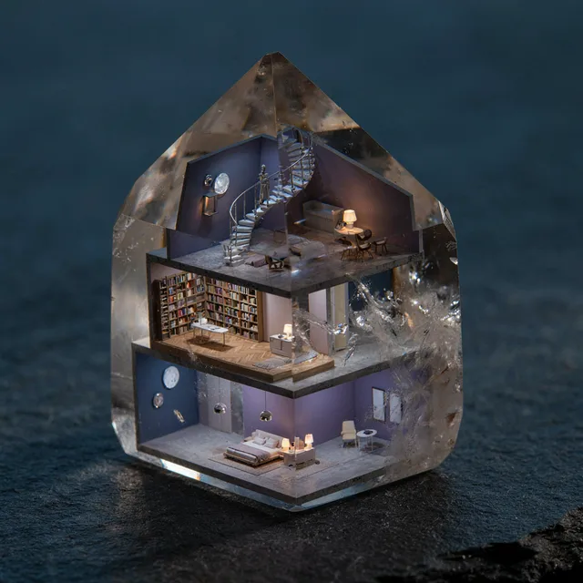 a collection of tiny modern rooms embedded inside a single translucent mineral, instantly readable visual hook, dreamlike but internally consistent scale, sophisticated museum-quality art direction, intricate details that reward a closer look. Style and finish: polished contemporary editorial image-